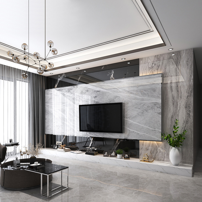 现代风格微晶石雕刻背景现代中式玉兰花江南山水路径图电视背景墙