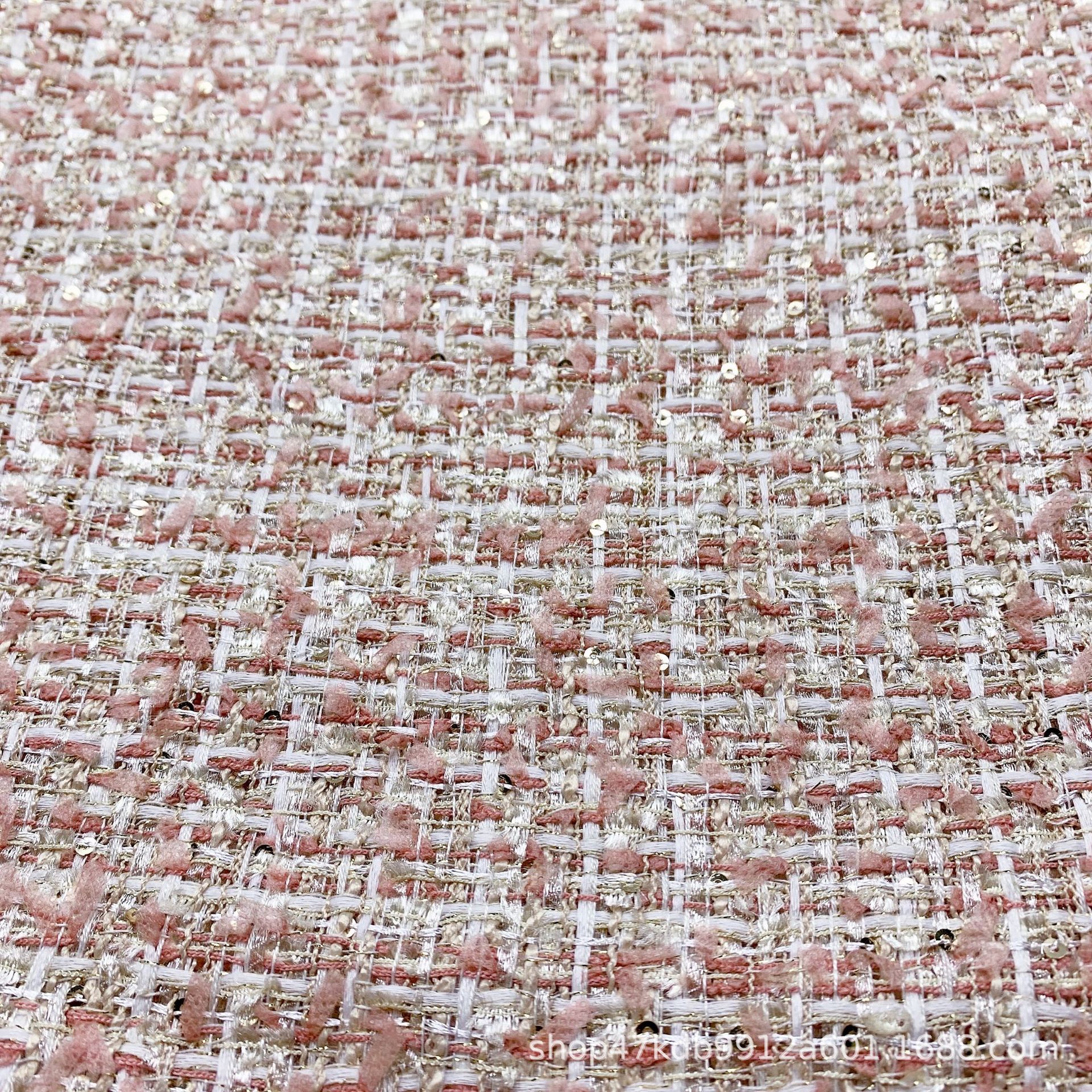 2021新款脏粉珠片/彩虹配色小香风面料粗纺花呢女装箱包编制布料