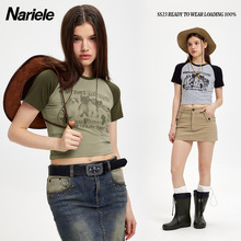 Nariele 拼色插肩袖美式复古圆领露脐短款T恤衫小众圆领半袖上衣