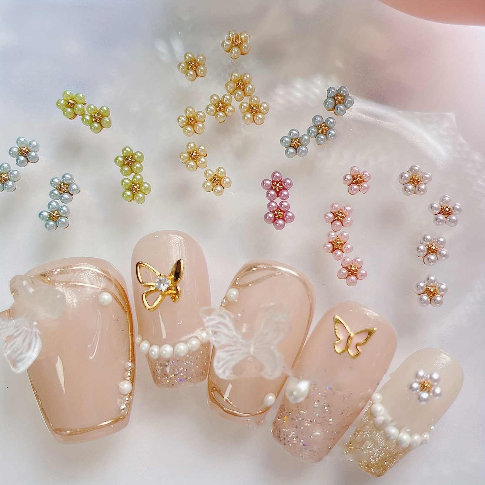 网红爆款美甲饰品彩色高亮珍珠花超立体金属可爱小花朵装饰品批发