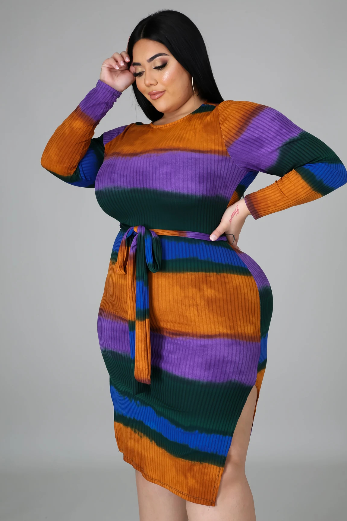 qj5275 欧美5xl肥婆胖女人加大码女装坑条条纹印花系带连衣裙