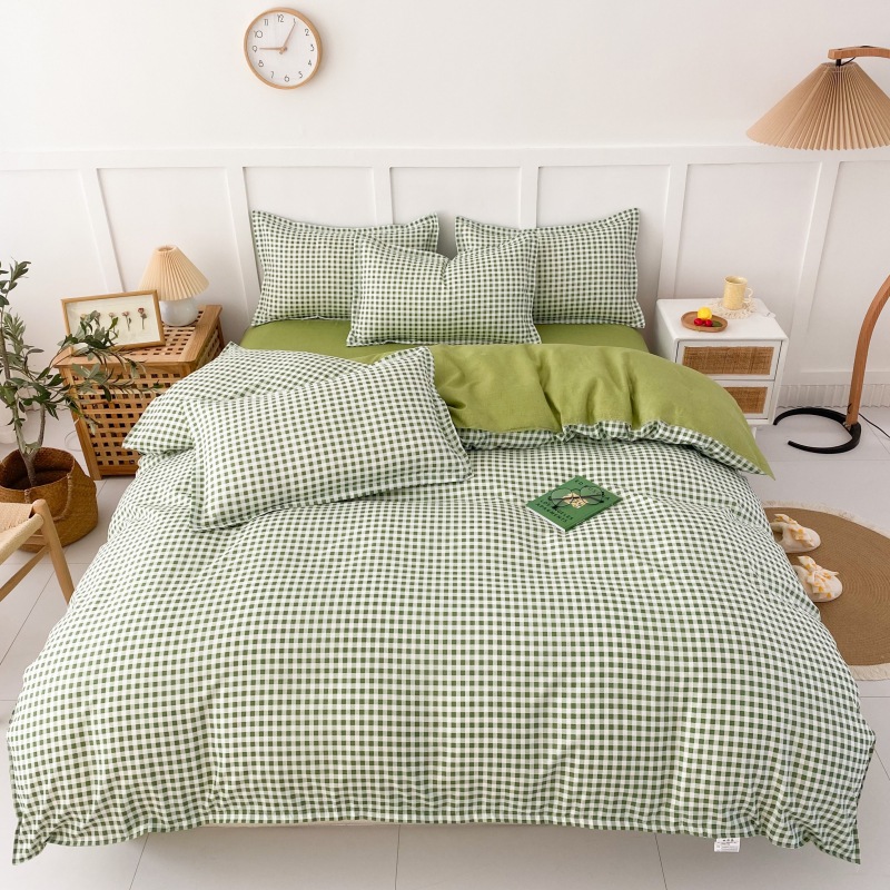 Wholesale Japanese Plain Skin-Friendly Cotton Brushed Four-Piece Plaid Pure Color Washed Cotton Single 3 PCs Set Bedding