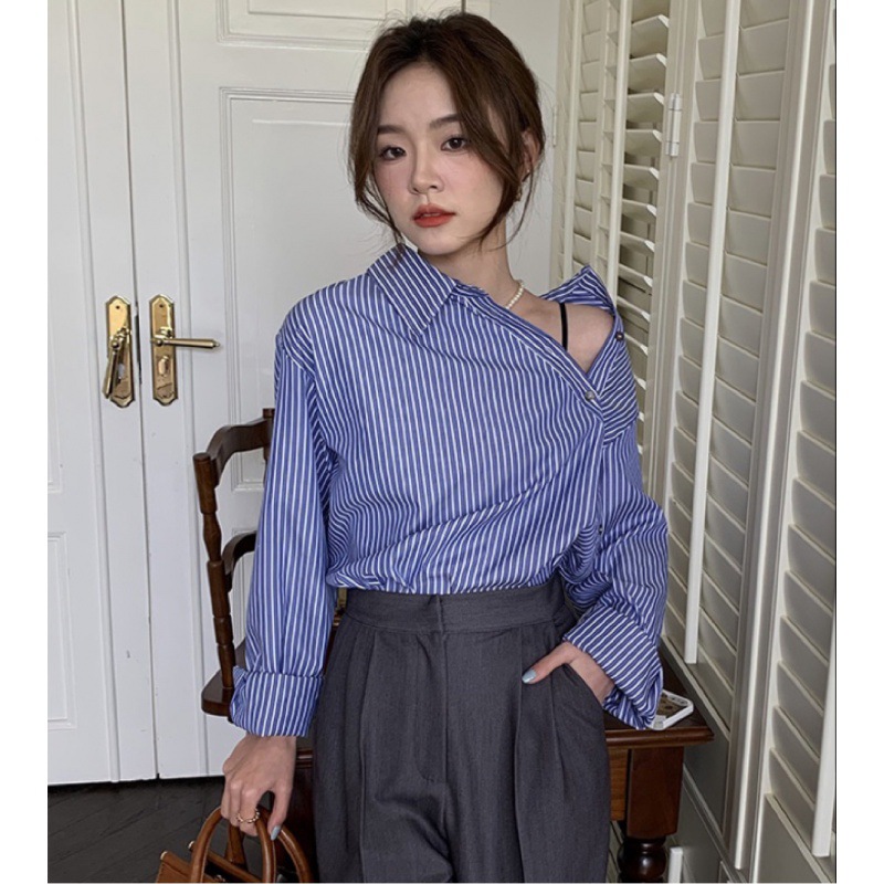 的海 自制蓝色条纹衬衫女韩版设计感小众斜排扣叠穿衬衣外套
