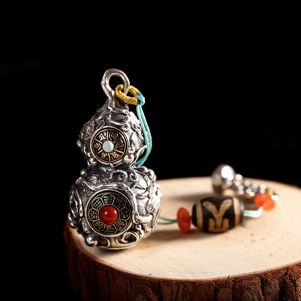 人品银品 s925银简约复古葫芦手把件底部可打开六字真言可转动