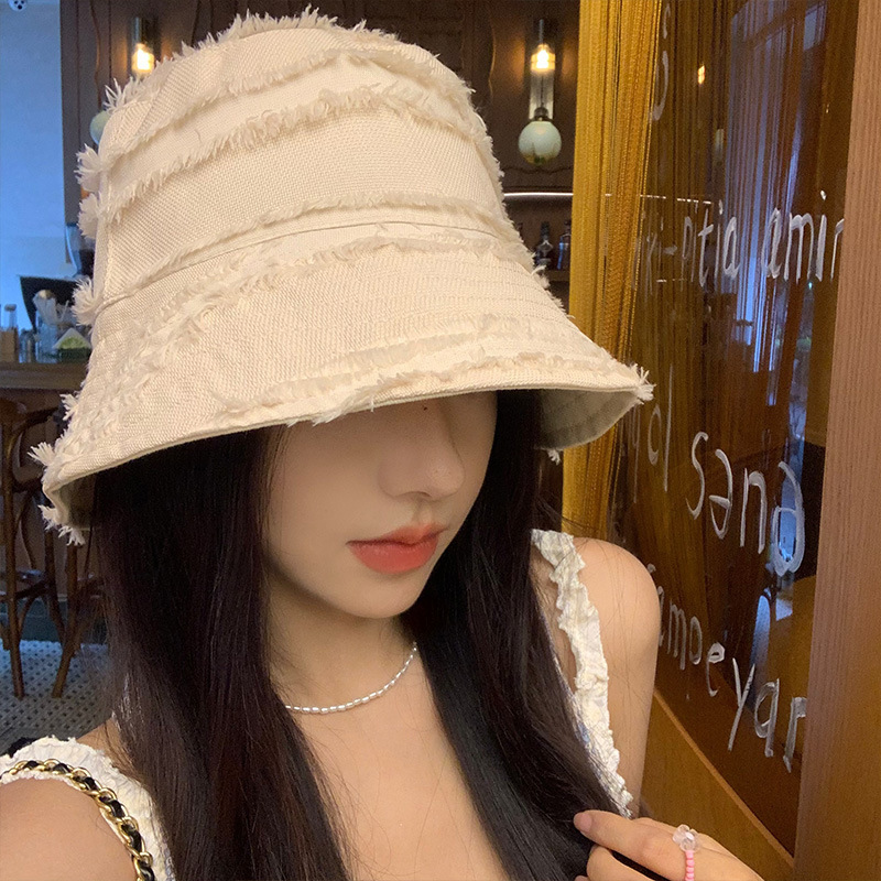 Japanese Style Solid Color Frayed Edge Reversible Fisherman Hat Female Online Influencer Ins All-Match Plain Face Bucket Hat Face-Looking Small Bucket Hat Fashion