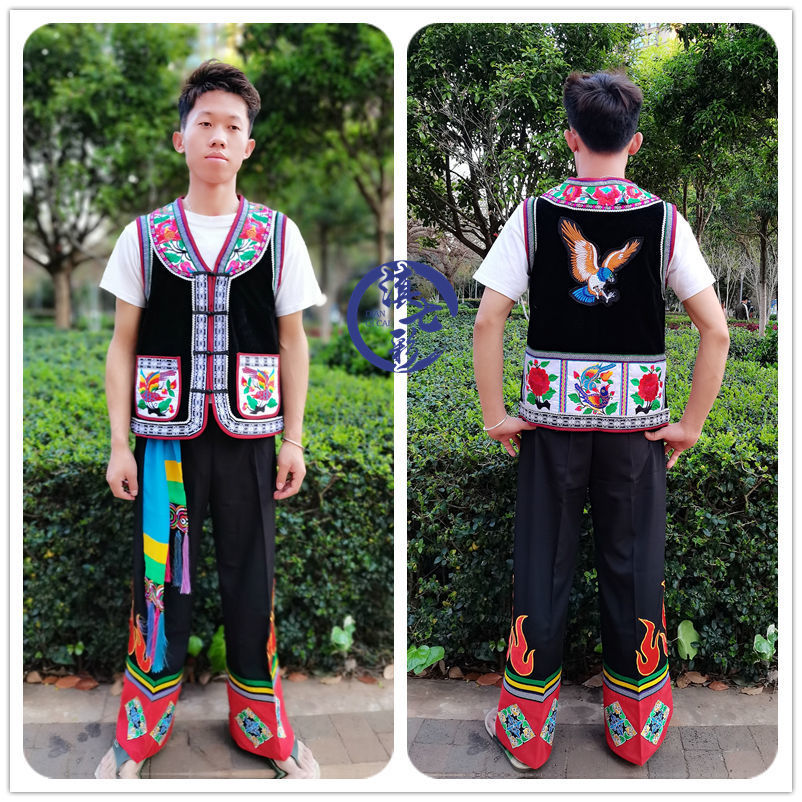 精品彝族男装套装 彝族火把节服饰 龙扣马甲 禄劝马甲火把裤套装