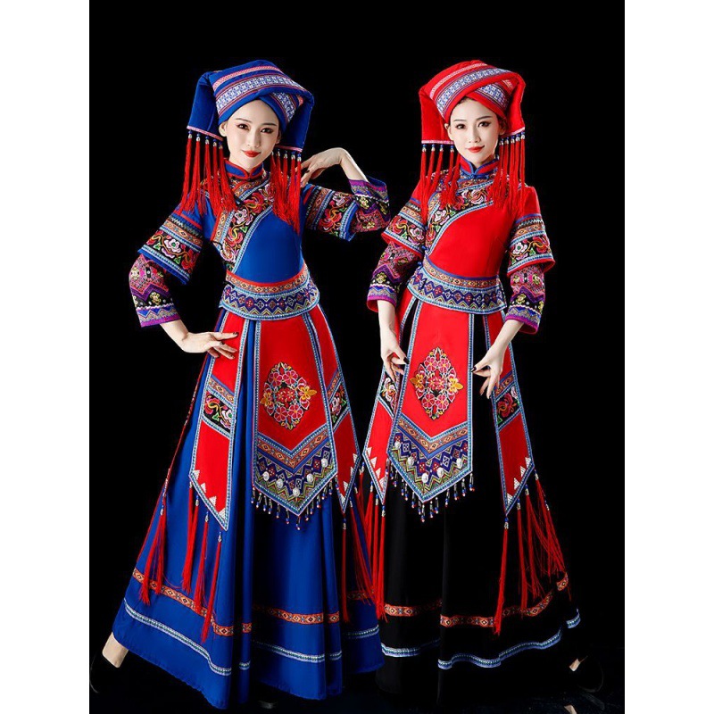 广西壮族服装女三月三民族演出服饰少数民族服装成人壮锦刺绣长裙