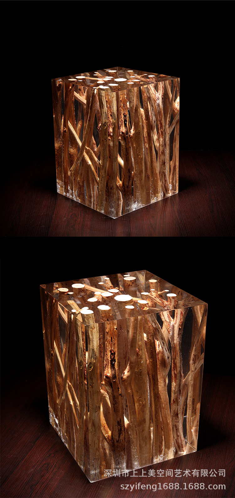 创意透明水晶树脂圆凳方凳矮凳铂晶树枝叶椅子木墩玻璃亚克力座凳