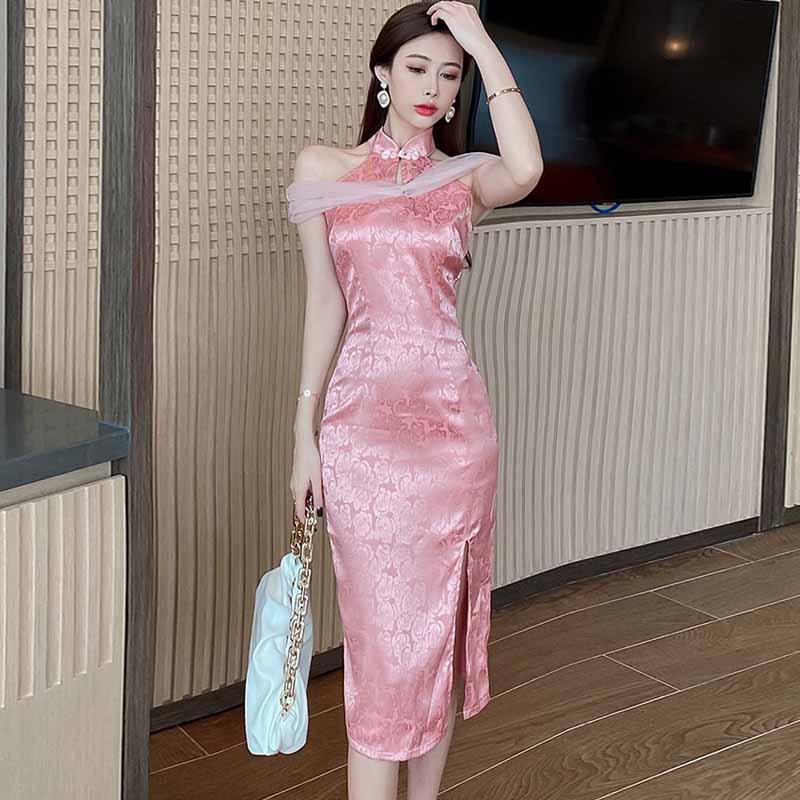 性感夜店主播挂脖露肩网纱开叉花色改良旗袍修身显瘦包臀连衣裙女