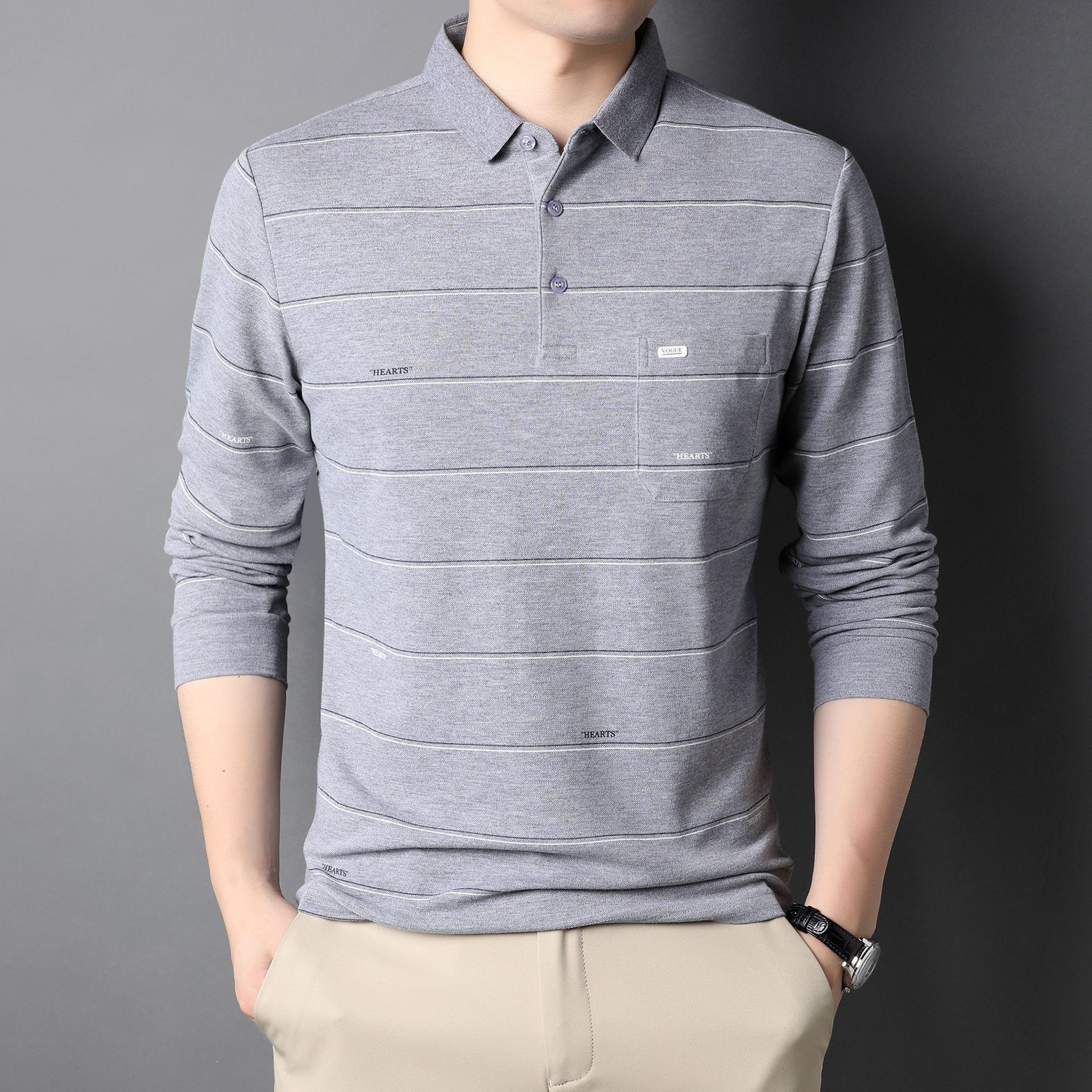 中老年男士长袖t恤春秋薄款带口袋商务体桖爸爸秋装 条纹polo衫男