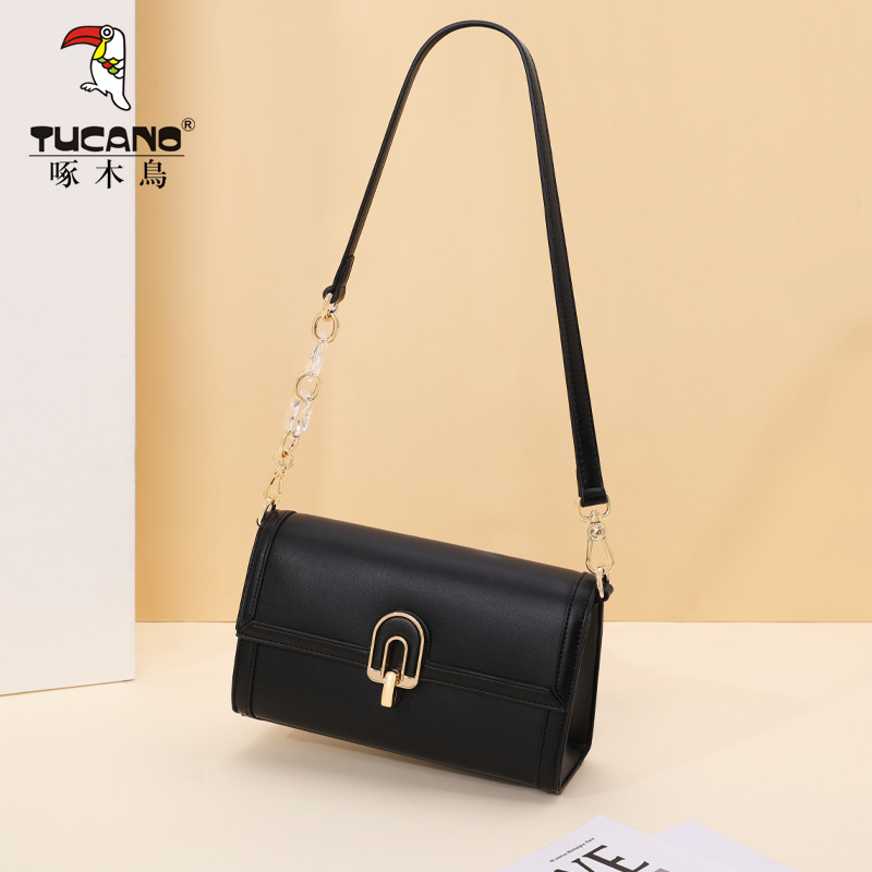 正品代发啄木鸟包包女士2024春夏新款复古中年高级感单肩包黑色斜
