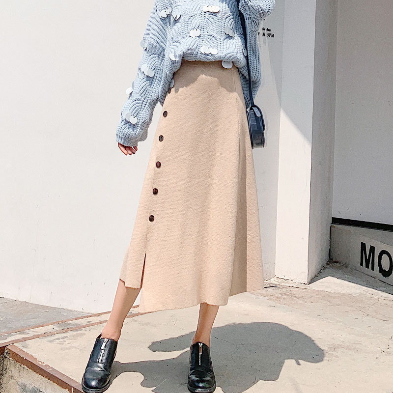 Skirt Women's Autumn and Winter A- line Skirt Mid-Length High Waist Black Winter Skirt Big Hem Umbrella Skirt Long Knitted Skirt