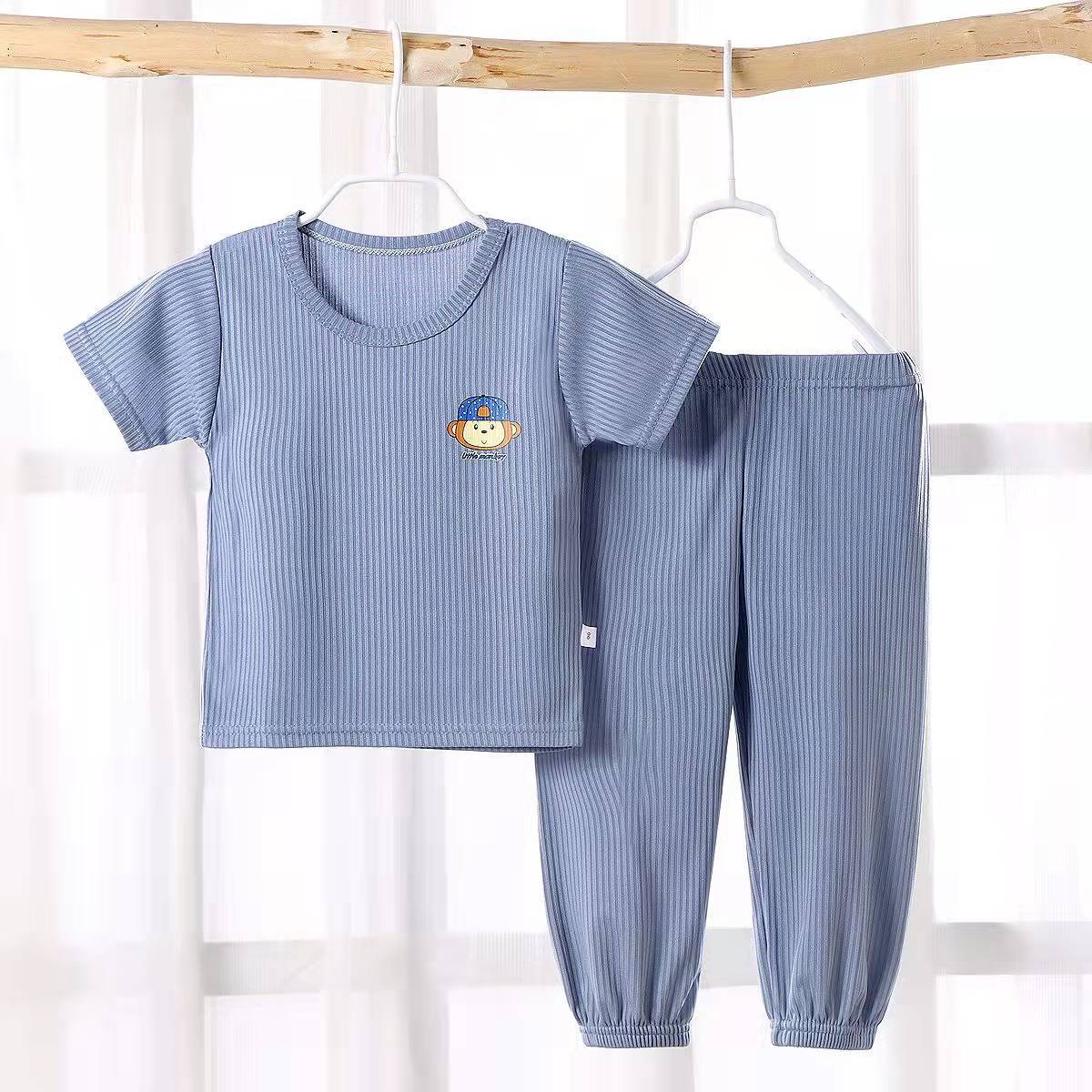 Children's Short-Sleeved T-shirt Suit Summer Mosquito Repelling Pants Boys and Girls Summer Clothes Baby Ice Silk Short Sleeve Pajamas Home