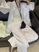 针织吊带背心韩系慵懒休闲裤夏季阔腿裤白色衬衫女三件套时尚套装