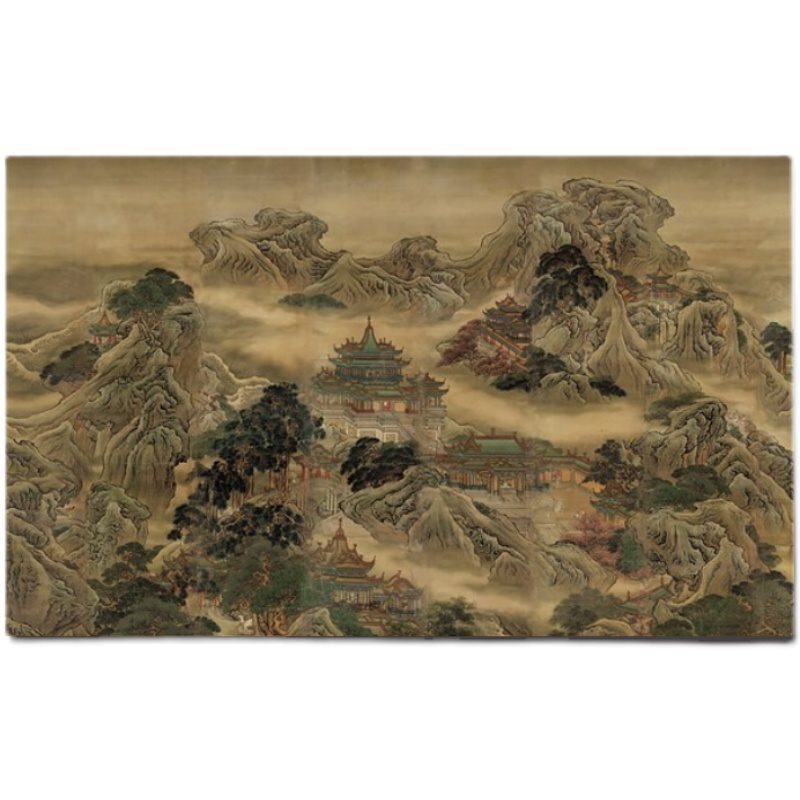 复古怀旧蓬莱仙境图壁纸新中式国画墙纸仙山楼阁拍照背景墙山水画