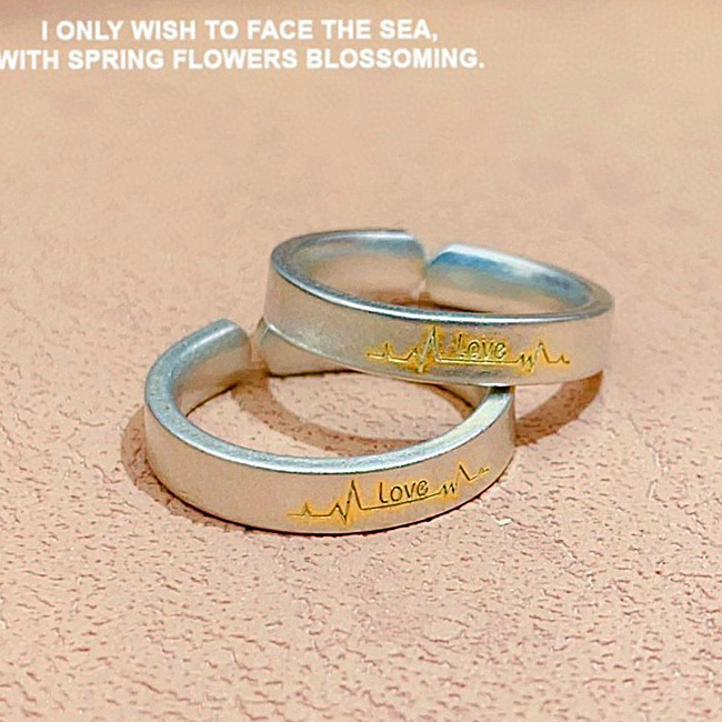 描金足银9999 love心跳纯银戒指 男女开口调节年轻款民族风礼物