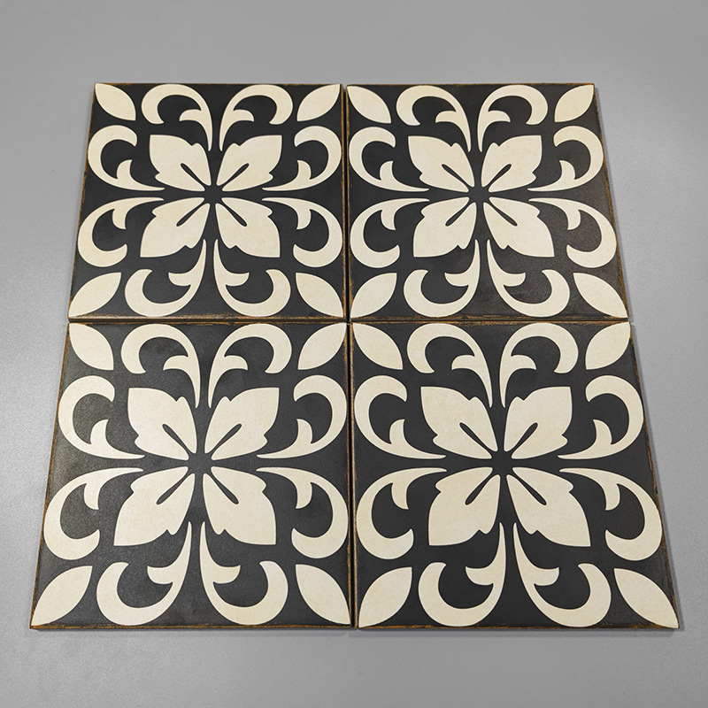 200×200南洋复古风黑色小花砖玄关入户做旧锈边防滑地砖印花瓷砖