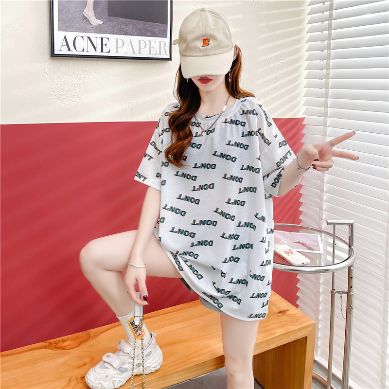 扎染字母印花小众中长款t恤女夏季新款宽松百搭显瘦短袖打底上衣