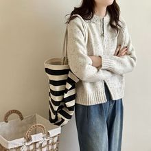 韩系花线杂色彩点短款毛衣开衫女秋冬新款双拉链针织外套长袖上衣