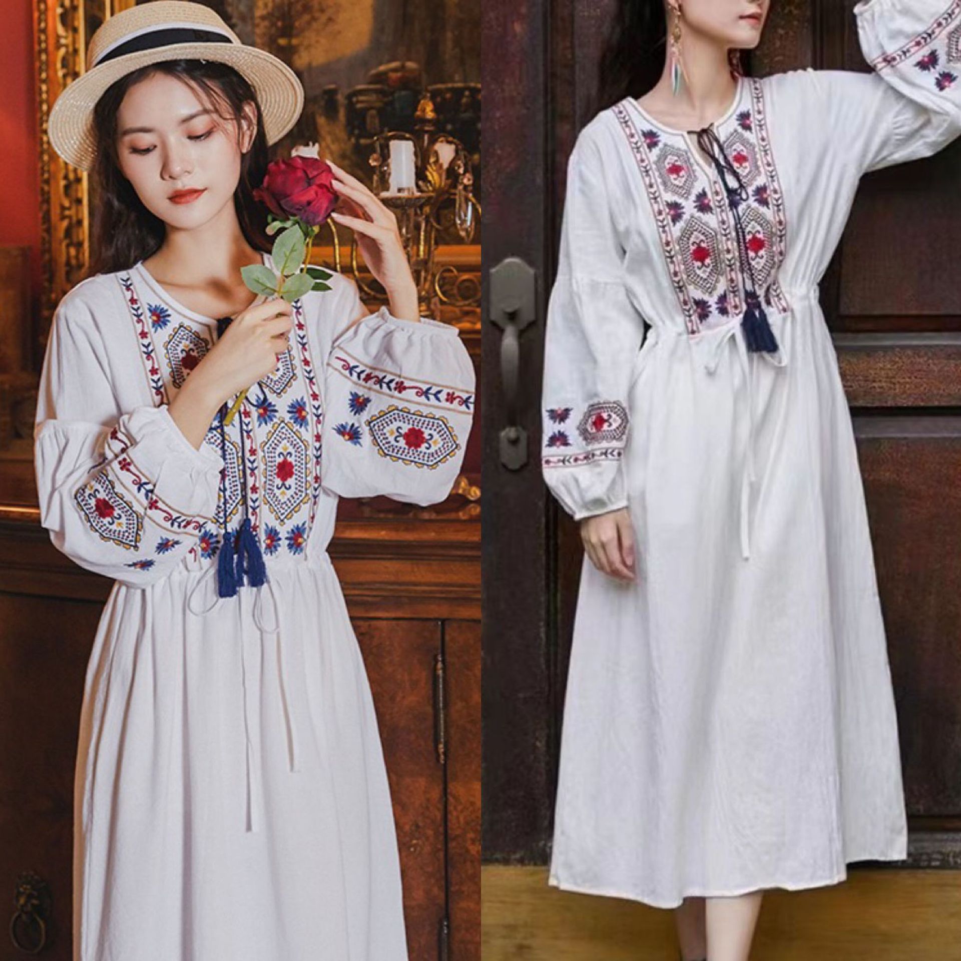 云南大理丽江新疆青海民族风棉麻绣花连衣裙旅游度假沙漠旅拍裙