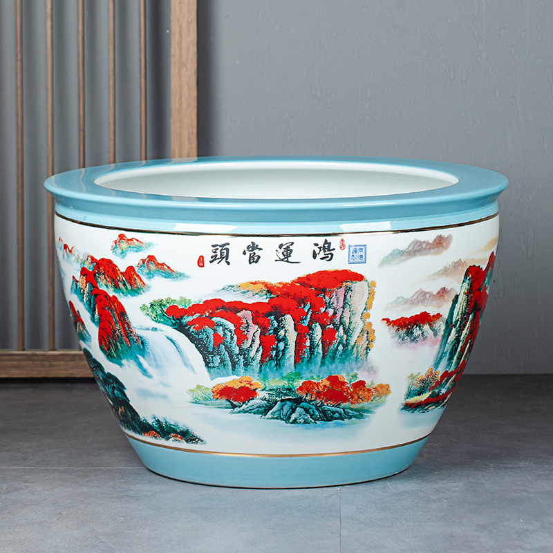 景德镇鸿运当头陶瓷大鱼缸水缸睡莲缸户外庭院盆栽大缸字画收纳缸