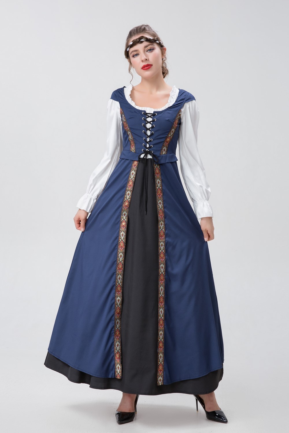 外贸欧美中世纪文艺复兴方领收腰两件套连衣裙复古宫廷话剧演出服