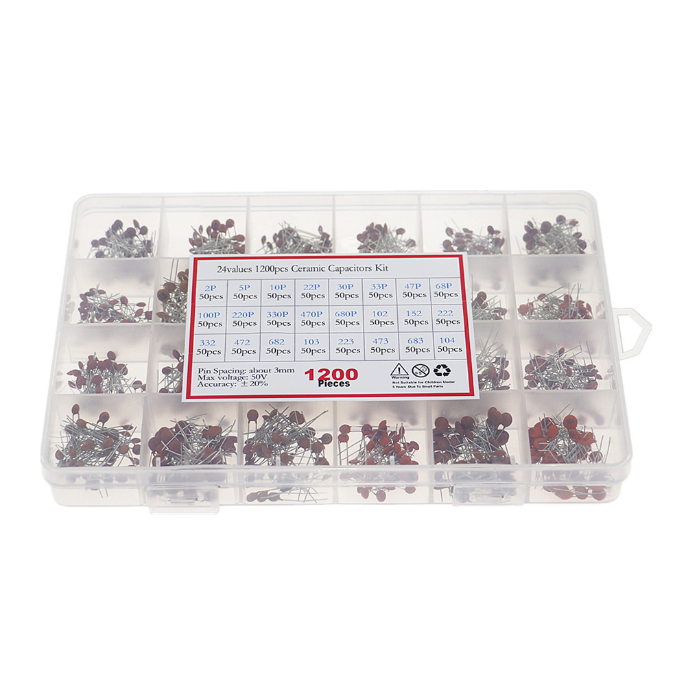 1200个24种规格 2pf-100nf 50v瓷片电容器直插磁片瓷介电容器盒装