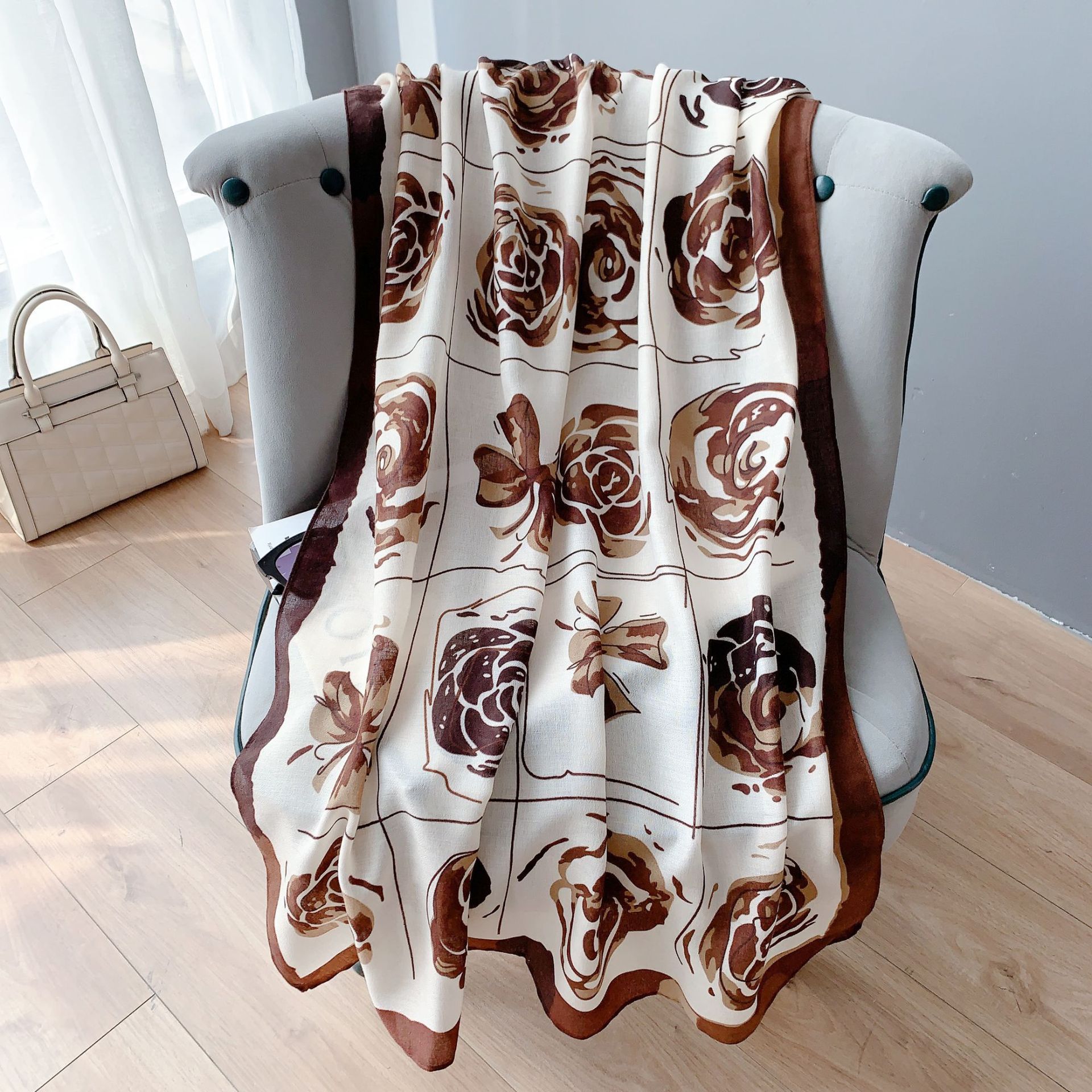 New Elegant Camellia Coffee Color Korean Style All-Match Shawl Dual Purpose Scarf Women‘s Spring and Summer Long Sunscreen Scarf Wholesale