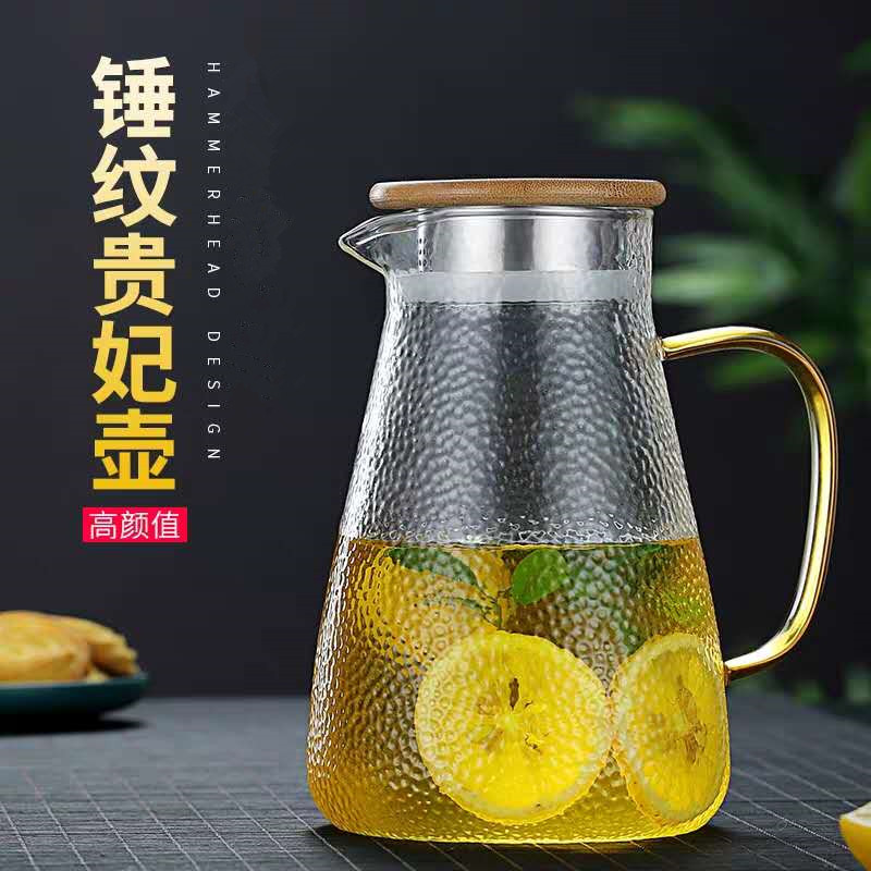 hammered transparent glass cold water jar set bamboo covered steel lid drink lemon pot large capacity glass cool boiled water jug