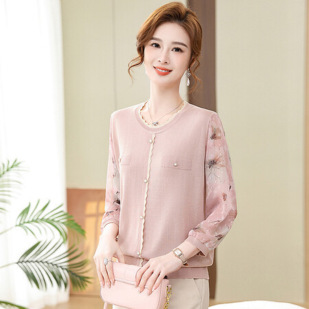 Mom's round Neck Yarn Sleeve Bottoming Shirt Spring and Summer New Western Style Knitted Top for Middle-Aged and Elderly Women Loose Thin T-shirt