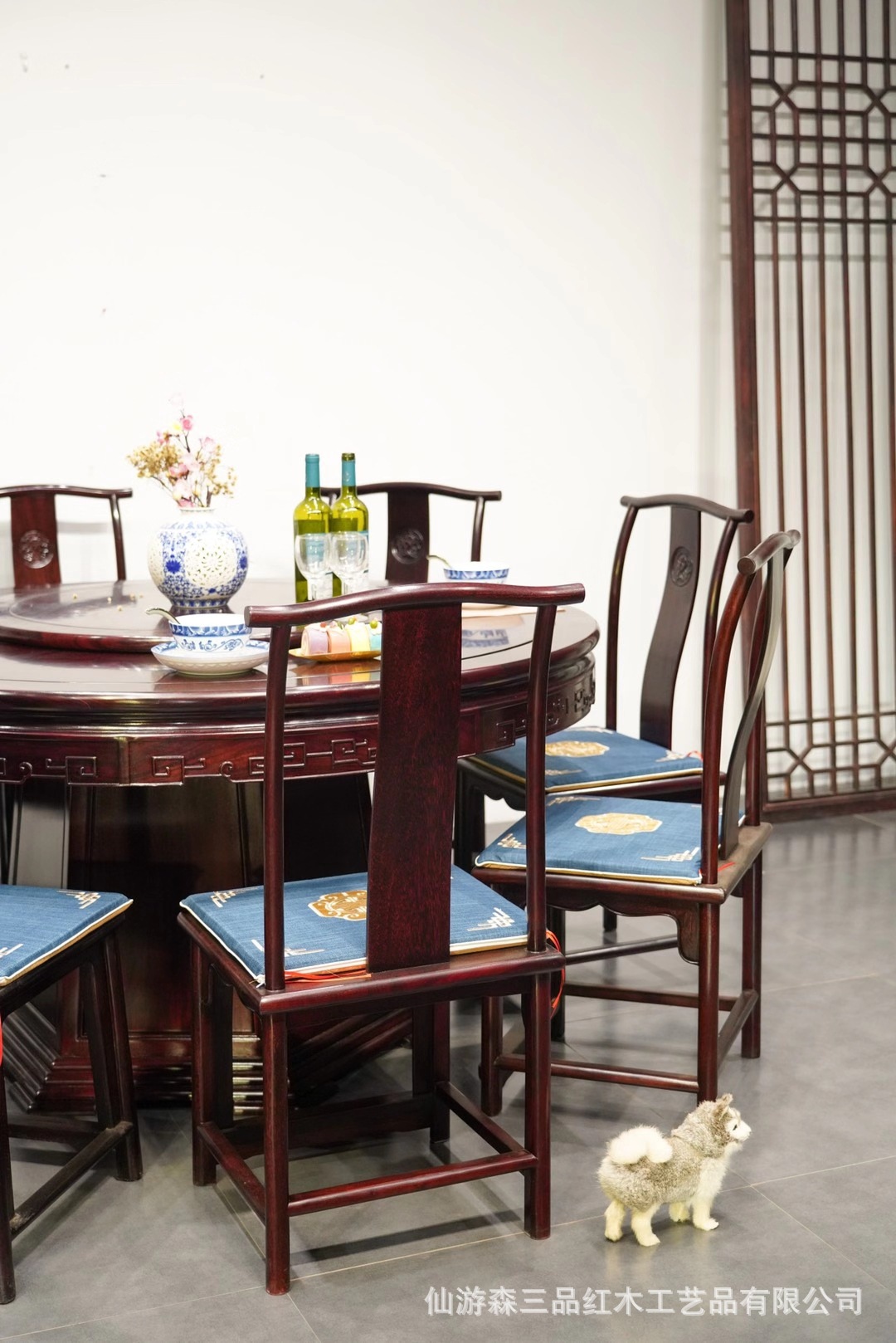 血檀158圆桌九件套餐桌 大圆桌现代简约中式轻奢圆形餐桌椅组合装