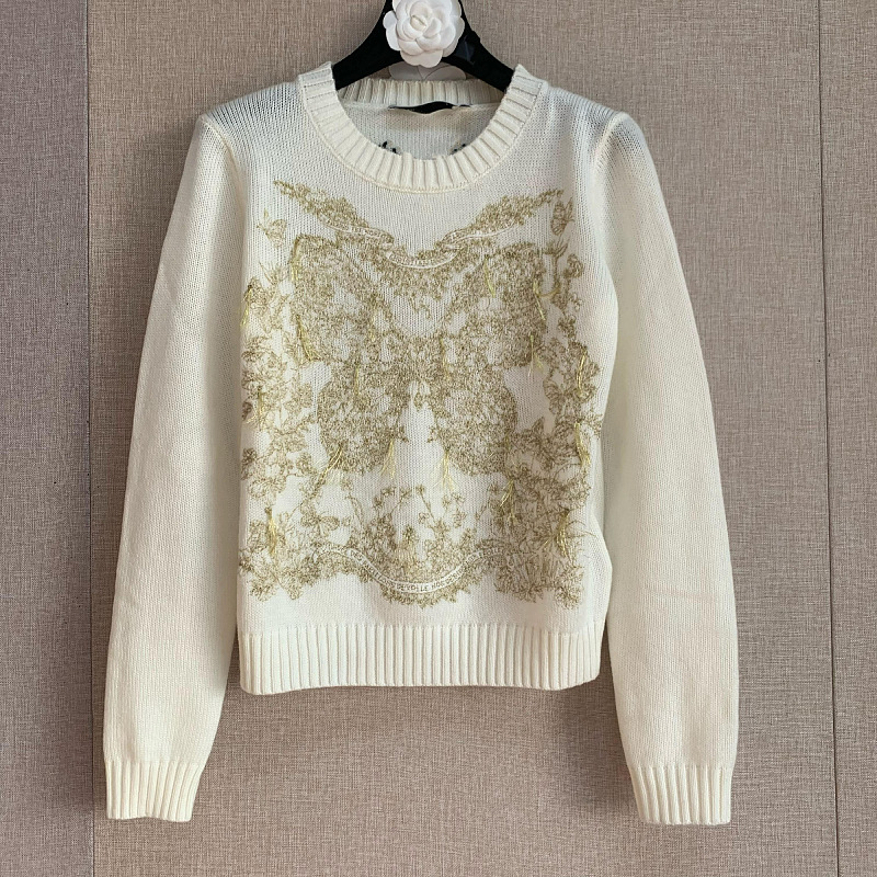 autumn and winter new embroidered retro fashionable floral butterfly machine embroidery long-sleeved bottoming sweater top for women