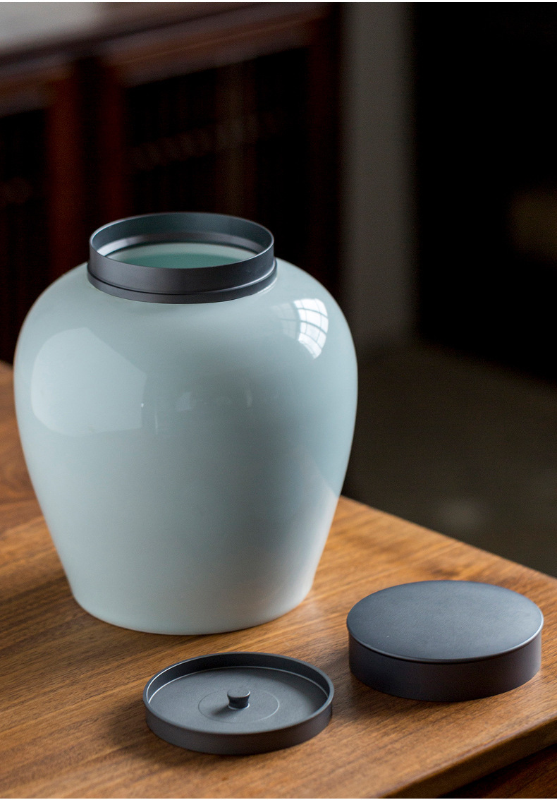 青白瓷陶瓷茶叶罐布袋装白毫银针金属盖密封罐茶叶包装空礼盒丝印