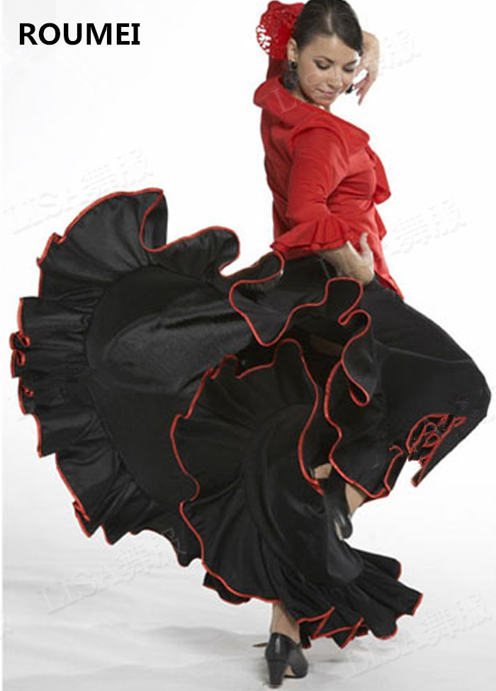 单层荷叶边弗拉明戈舞裙大摆摩登舞练习裙肚皮舞西班牙斗牛舞红裙
