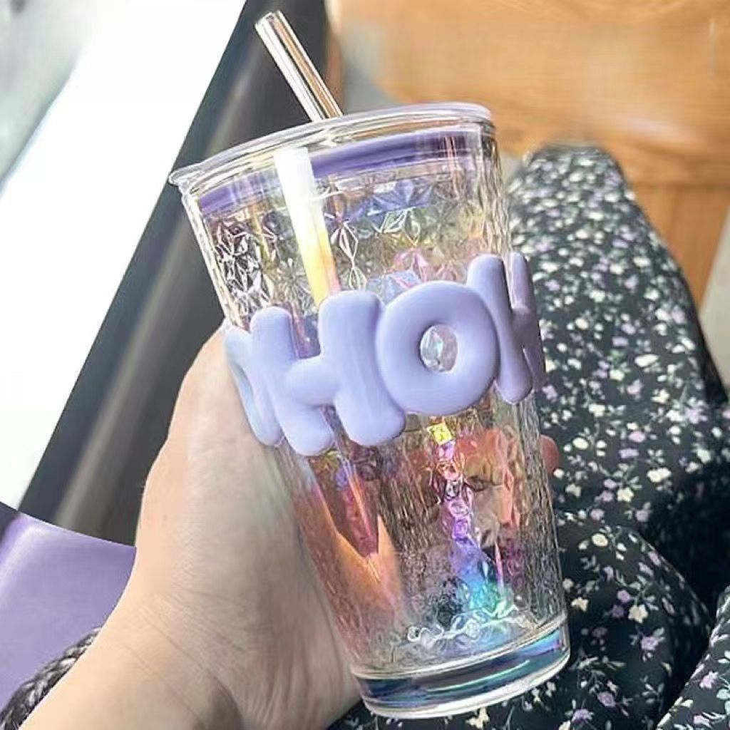 Ws Internet Celebrity Water Cup Ins Style Glass Straw Cup Good-looking Student Drinking Cup Super Cute Letter Silicone Case