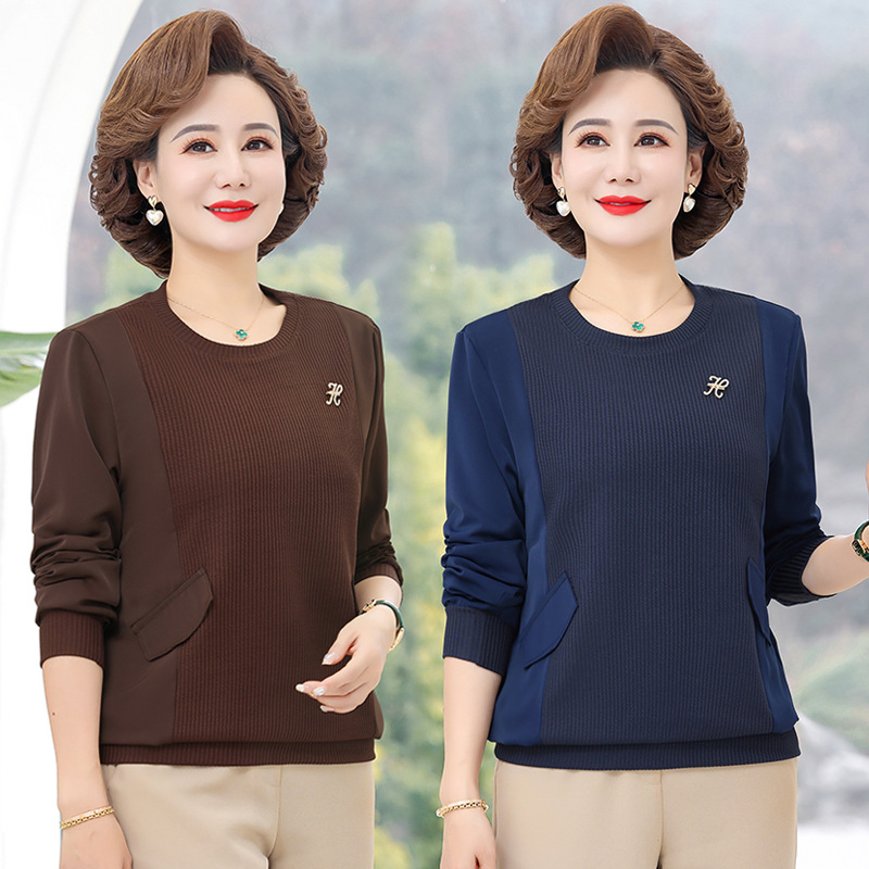 2023春季款中老年女装套头卫衣中年妈妈长袖t恤韩版针织拼接上衣