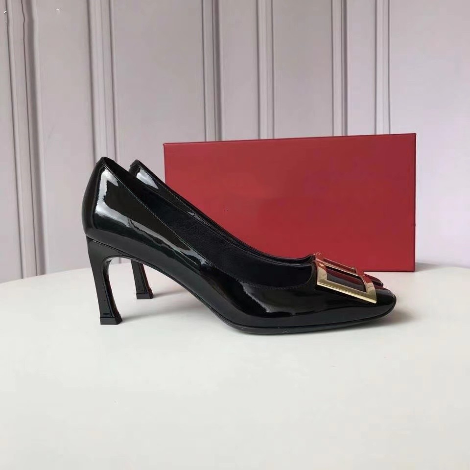 rv  方扣高跟鞋黑色时尚漆皮单鞋中跟通勤鞋方头浅口女鞋婚鞋