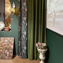 法式橄榄绿色丝绒窗帘海棠小众设计款美式客厅复古浪漫卧室蕾丝纱