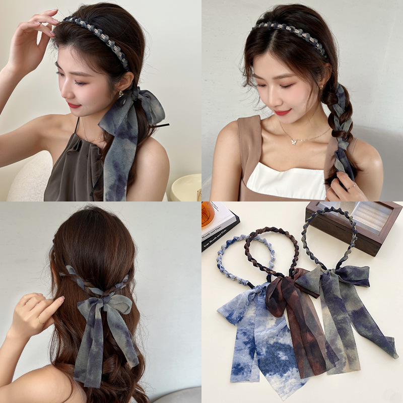 Floral Hair Band Silk Scarf Hair Ribbon Summer Hair Band Women's Daily Outer Wear One-Piece Lace-up Braided Hair Ribbon Hair Accessories