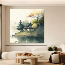 客厅装饰画纯手绘油画新中式建筑肌理山水风景入户玄关挂画画抽象