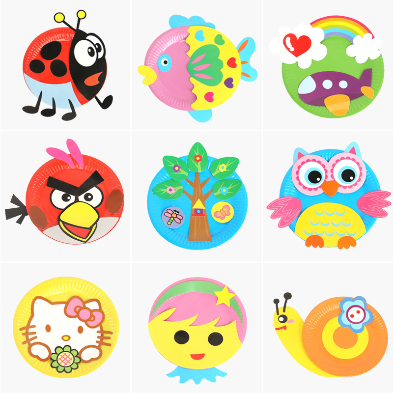 卡通纸盘幼儿园亲子纸盘画儿童diy手工制作创意彩色盘子粘贴材料