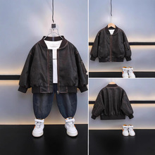 儿童短款皮衣2025春秋季新款男童时髦立领夹克男孩春款棒球服外套