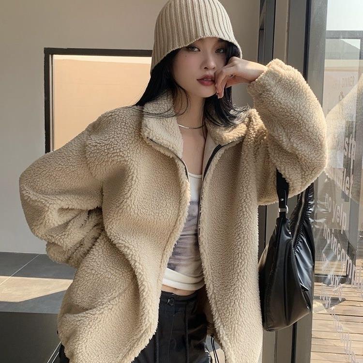 2023新款冬季加厚感颗粒羊羔绒大衣仿羊羔毛外套女-阿里巴巴