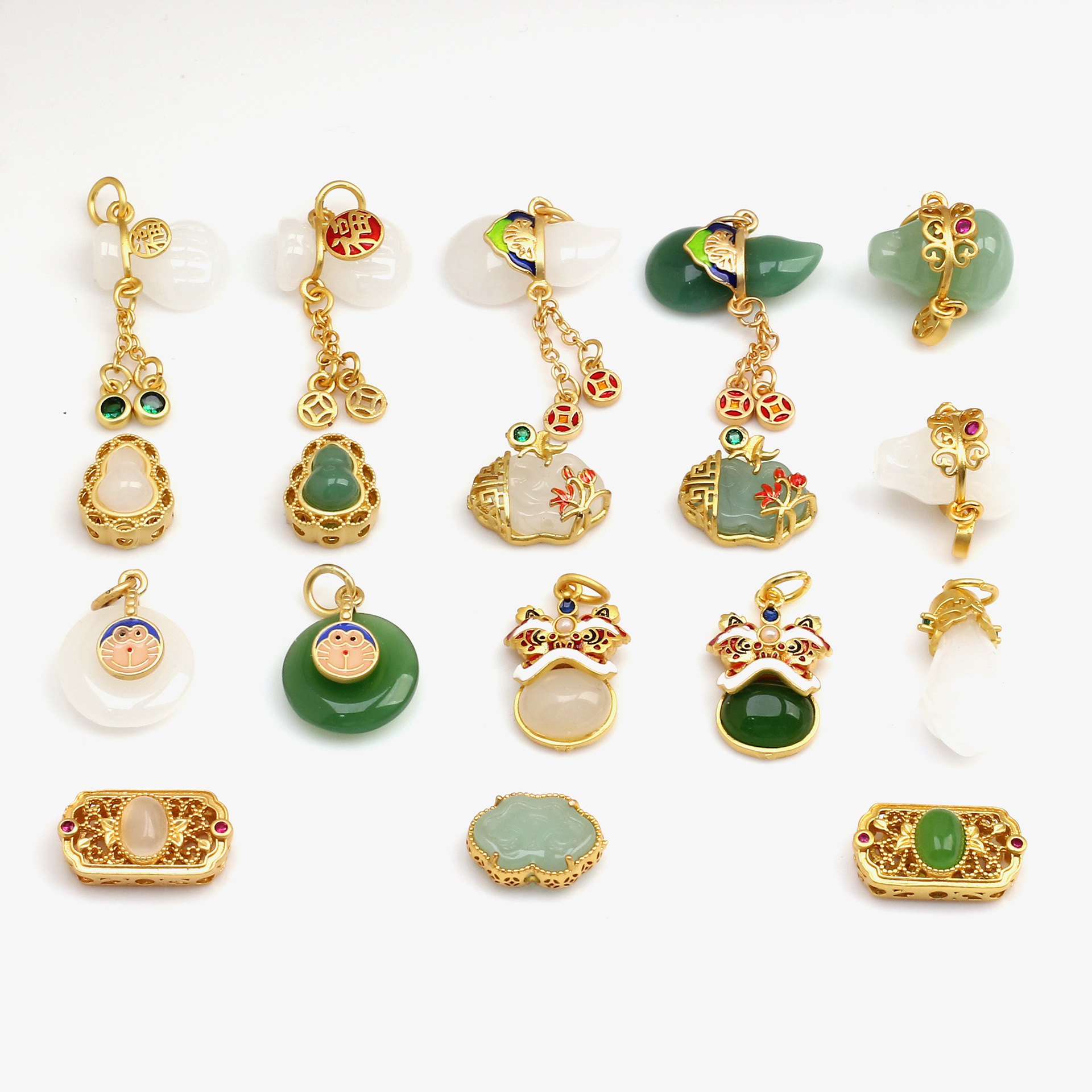 Ancient Style Alluvial Gold Color-Preserving Pendant Gourd Mosaic Jade Peace Buckle Pendant Diy Bracelet Necklace Accessories