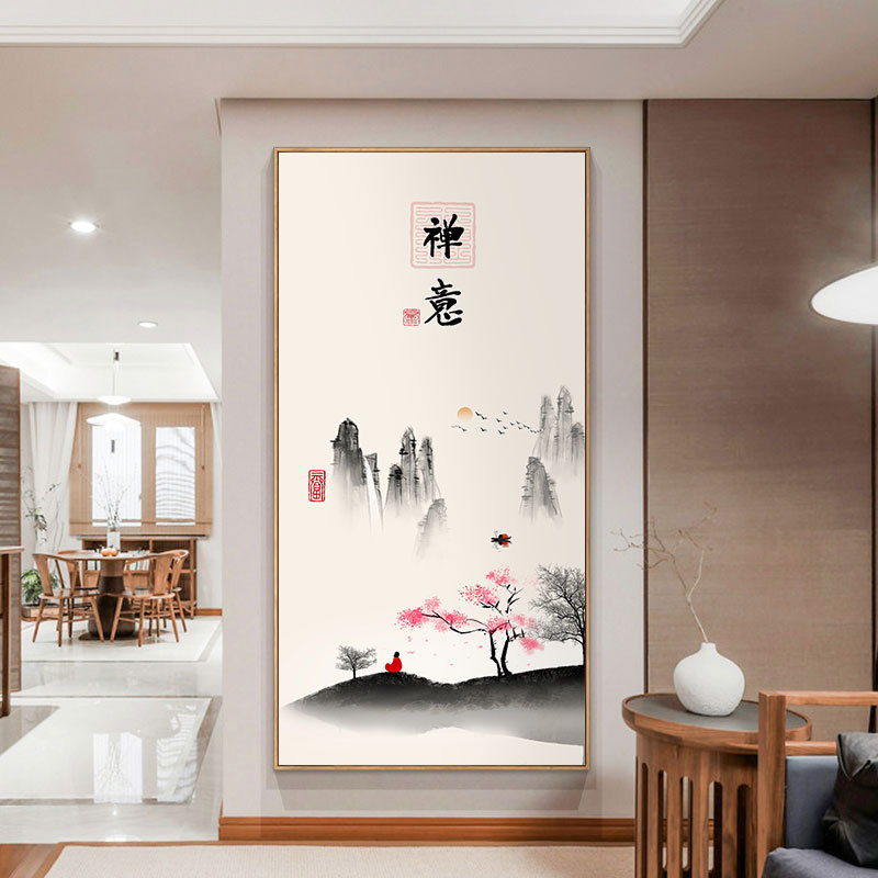 禅意新中式玄关挂画竖版水墨画走廊过道装饰画书房茶室壁画山水画
