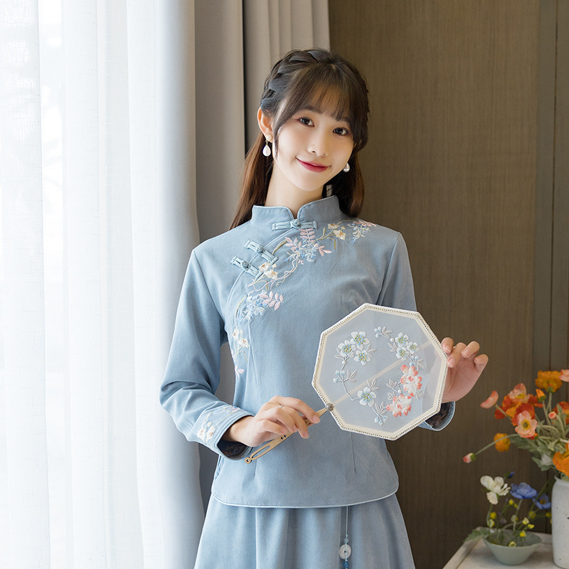 中国风女装秋冬民族风刺绣唐装立领显瘦长袖上衣茶艺师棉麻套装女