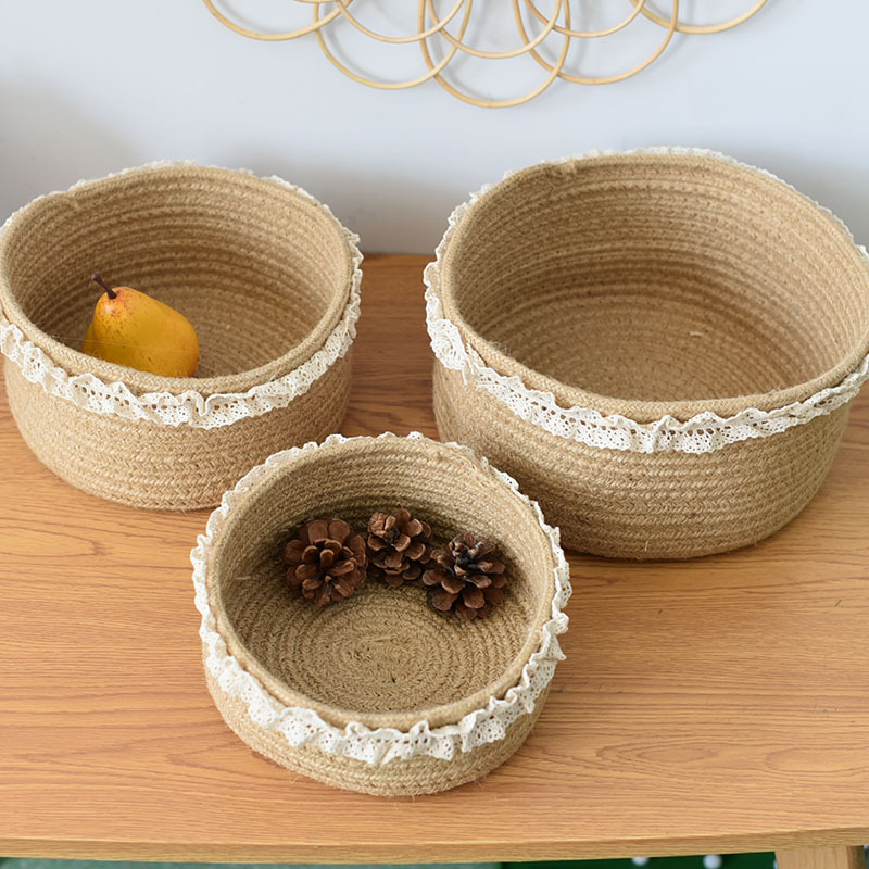 Cotton and Hemp Rope Flower Basket Storage Basket Snack Basket Household Basket Storage Box Portable Lace round Cross-Border Sundries Basket