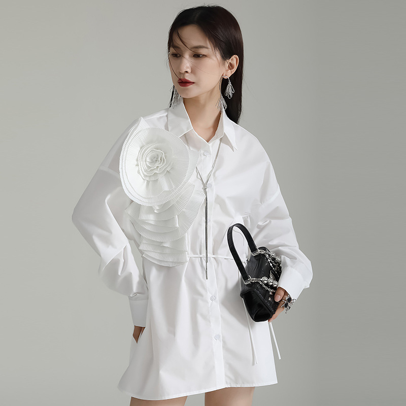 Pleated Three-Dimensional Flower Long-Sleeved Shirt Dress 2024 Spring New Light Luxury French Loose Chic Dress for Women