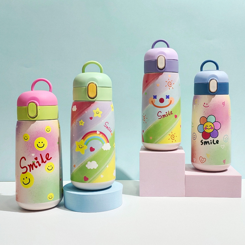 Factory Direct Sales Cross-Border 316 Stainless Steel Thermos Cup Solid Color Handle Cover Cartoon Colorful Smiley Face Rainbow Big Belly Cup