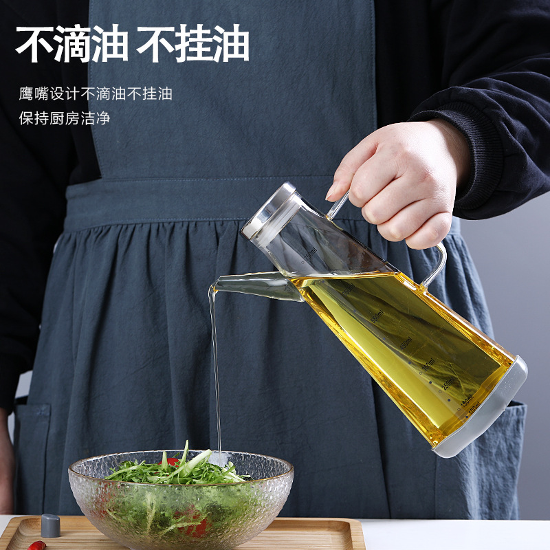 Kitchen Glass Oiler with Handle Leak-Proof Oil Controlling Bottle Stainless Steel Cover Oil Bottle Transparent Scale Soy Sauce and Vinegar Sesame Oil Can